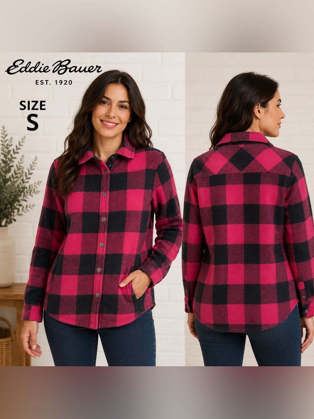 Eddie Bauer Pink & Black Buffalo Plaid Snap Front Fleece Shirt Jacket Women’s S